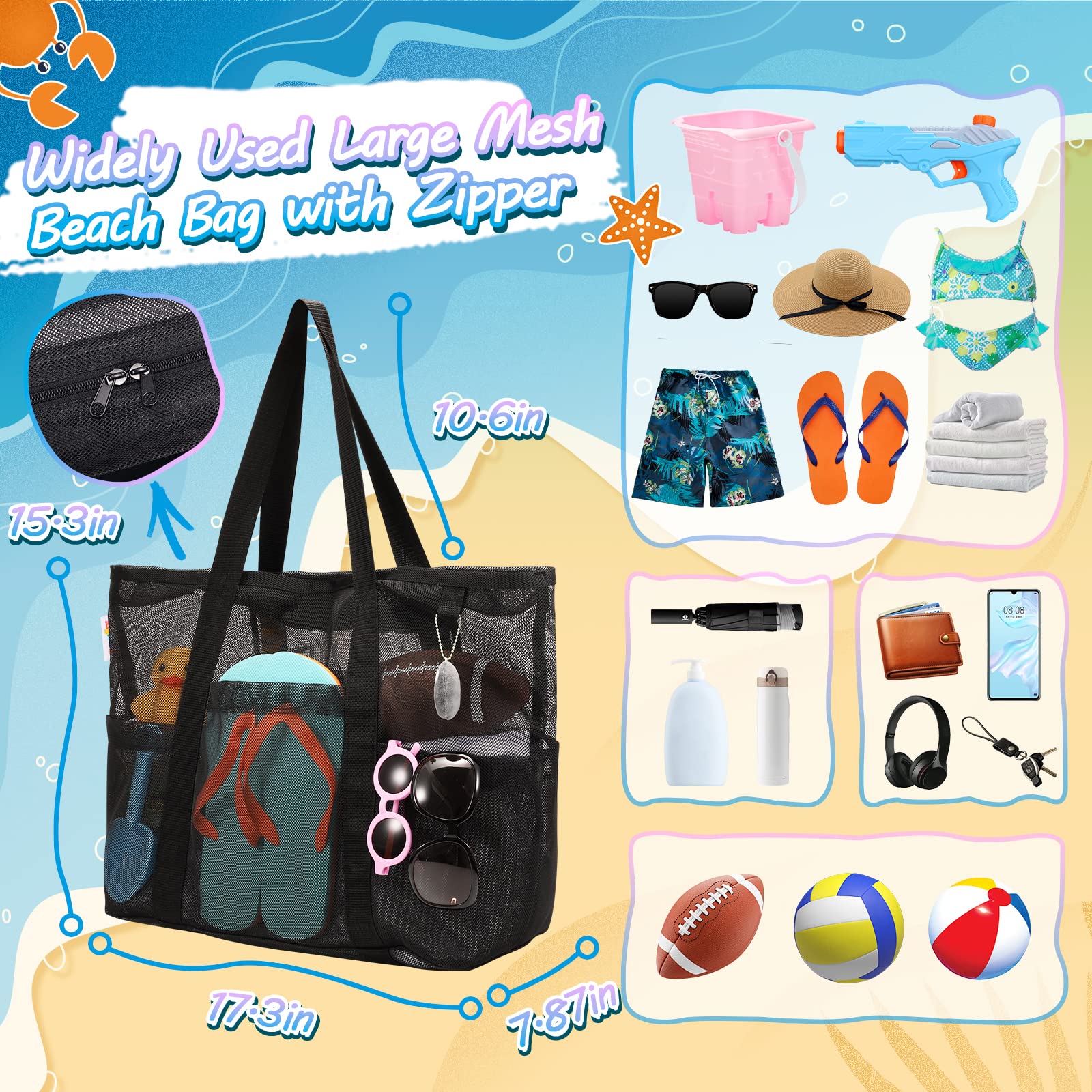 Women's Large Capacity Foldable Summer Travel Shoulder Handbag Zipper Pocket Beach Tote Bag for Shopping Mesh Design supplier